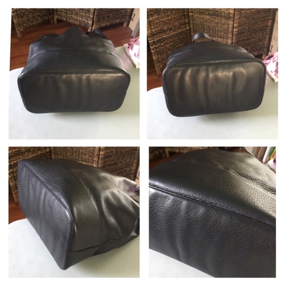 TORY BURCH MICHELLE BLACK PEBBLED LEATHER BUCKET TOTE BLACK GOLD LOGO - Picture 4 of 15